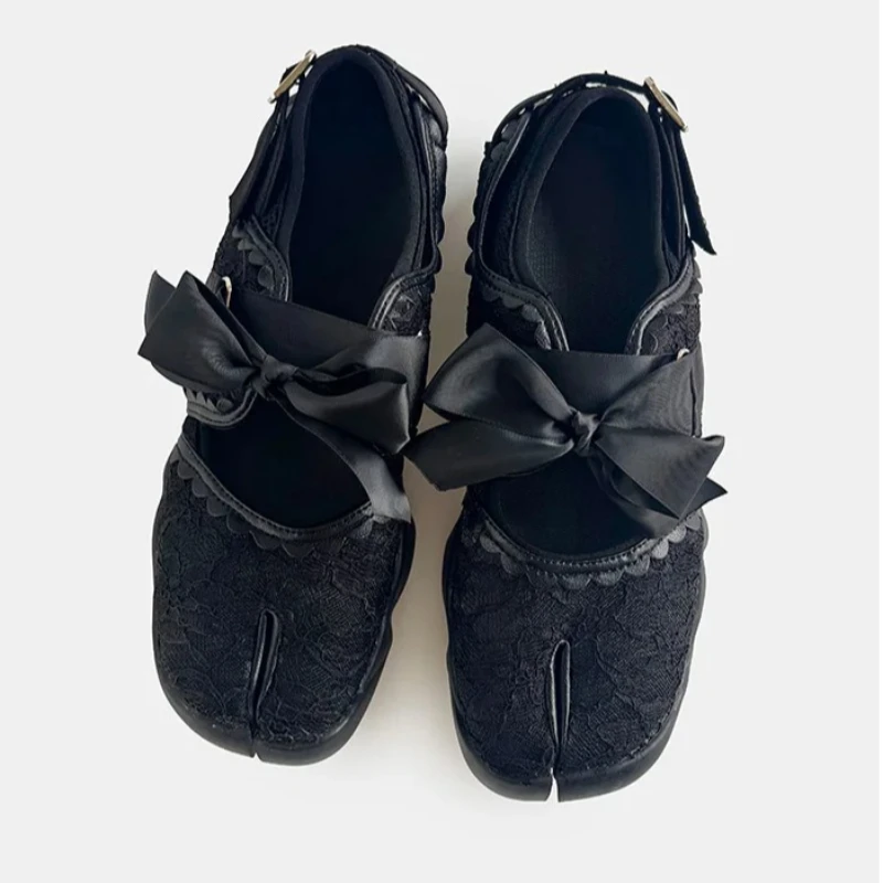 Schwarze Ballerinas mit Schleife, niedriger Absatz, lässige Mary Janes, modische Einzelschuhe, Spitze, Schweinehuf-Design, Damenschuhe, runde Zehenpartie