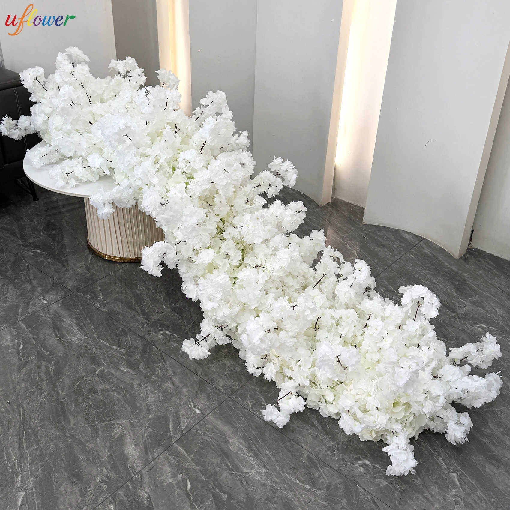 Uflower White Rose Cherry Blossom Wedding Arch Floral Row Arrangement Table Centerpieces Long Flower Birthday Event Party Props