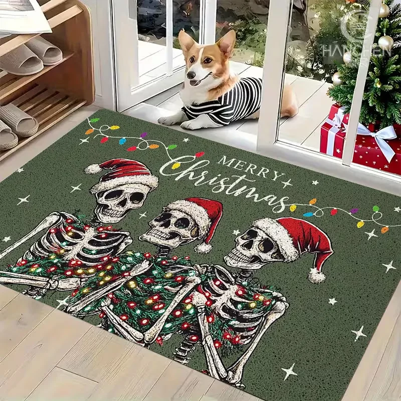 Indoor Welcome Mat Featuring a Christmas Design with Skeletons Wearing Santa Hats And String Lights. Made of Flannel Carpets