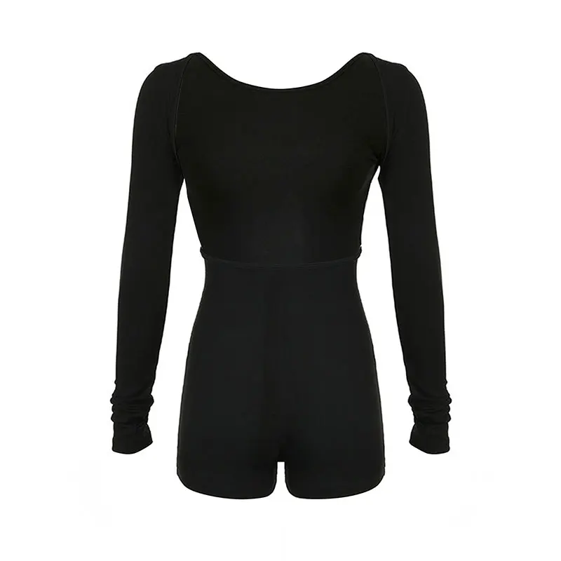 ربيع المرأة السروال القصير الشارع الشهير موضة جديدة طويلة الأكمام عادية سليم حللا أسود مثير الجوف خارج عارية الذراعين الملابس النسائية