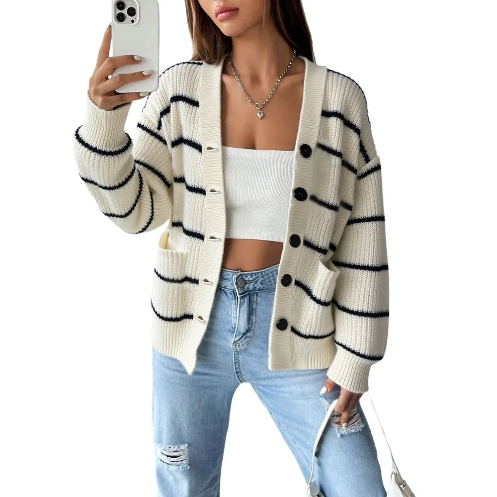 Striped Autumn Women's Cardigan Color Blocked Single Breasted Pockets Female's Knit Sweater Slouchy-Style Slim Knitwear For Lady