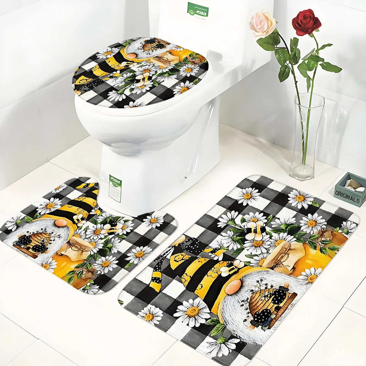 

Bee Pattern Bathroom Three-Piece Set: Flannel Toilet Mat + Floor Mat + U-Shaped Foot Mat, Non-Slip, Absorbent, Washable, Cute Style Bathroom Decoration Set