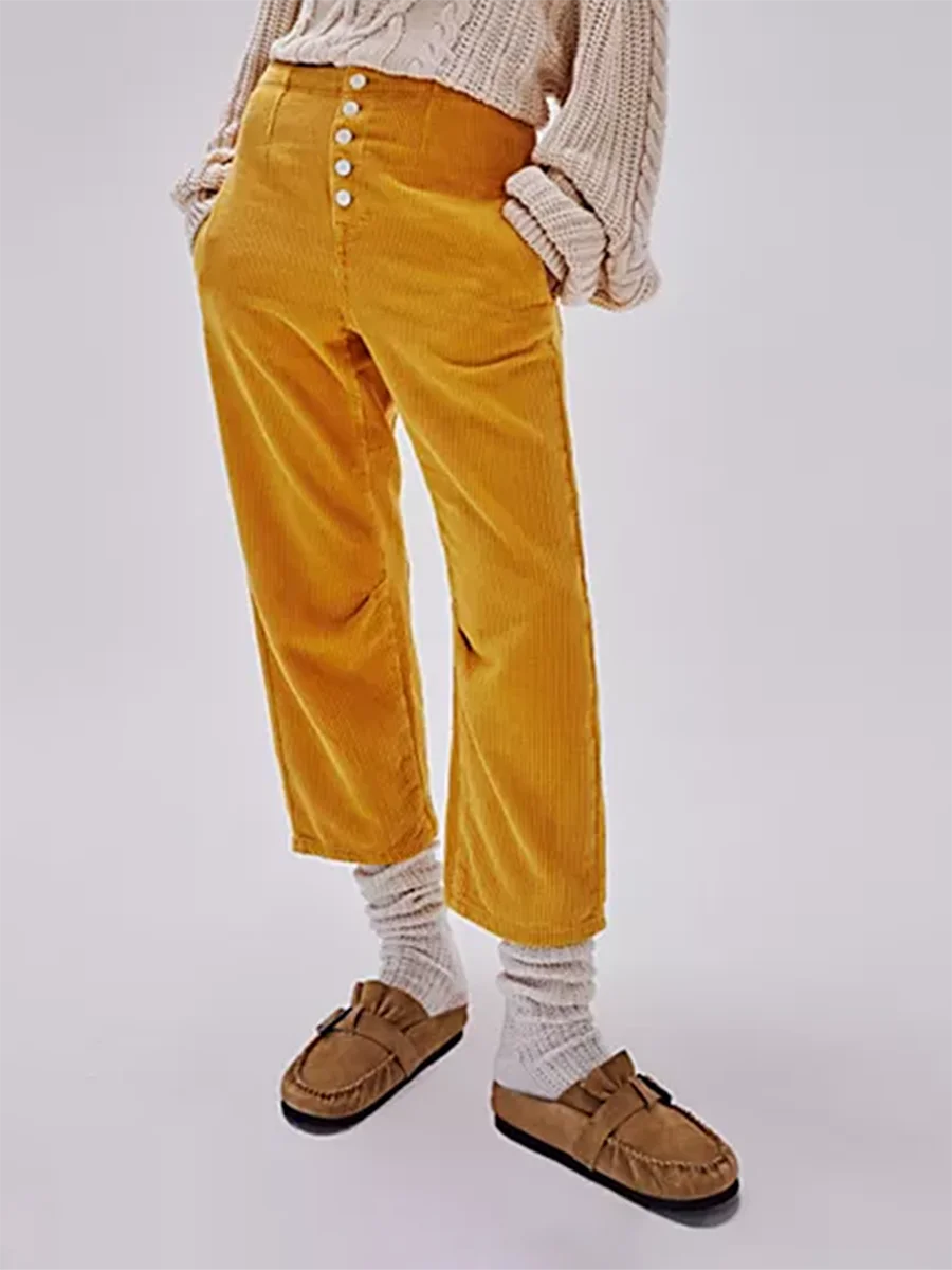 

Women Autumn Casual Corduroy Pants Solid Color Button Straight Leg Pants with 2 Pockets