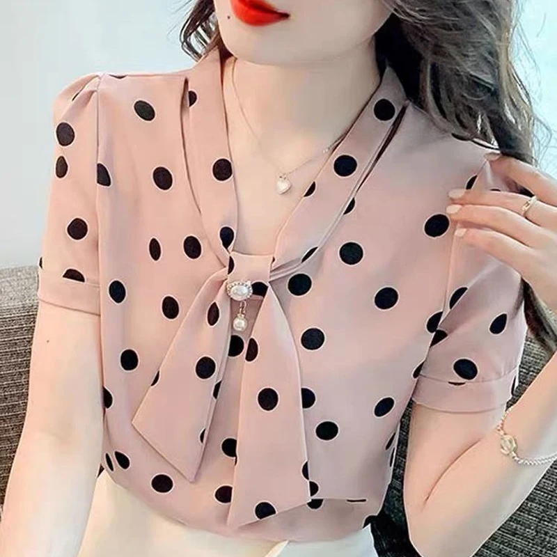 Summer New Temperament Short Sleeve Printing Shirt Tops Bow Patchwork Loose Plus Size Blouse Vintage Fashion Women Clothing