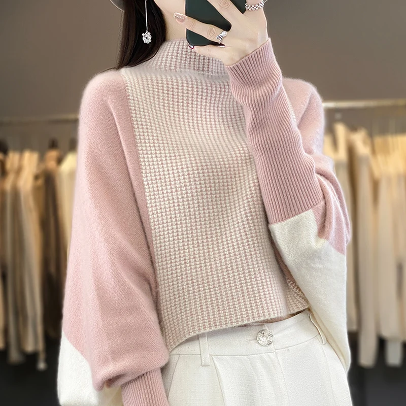 100% Merino Wool Knitted Sweater Pullover 2024 New Women's Clothing Half High Collar Contrast Sweater Bat Sleeve Cloak Loose Top