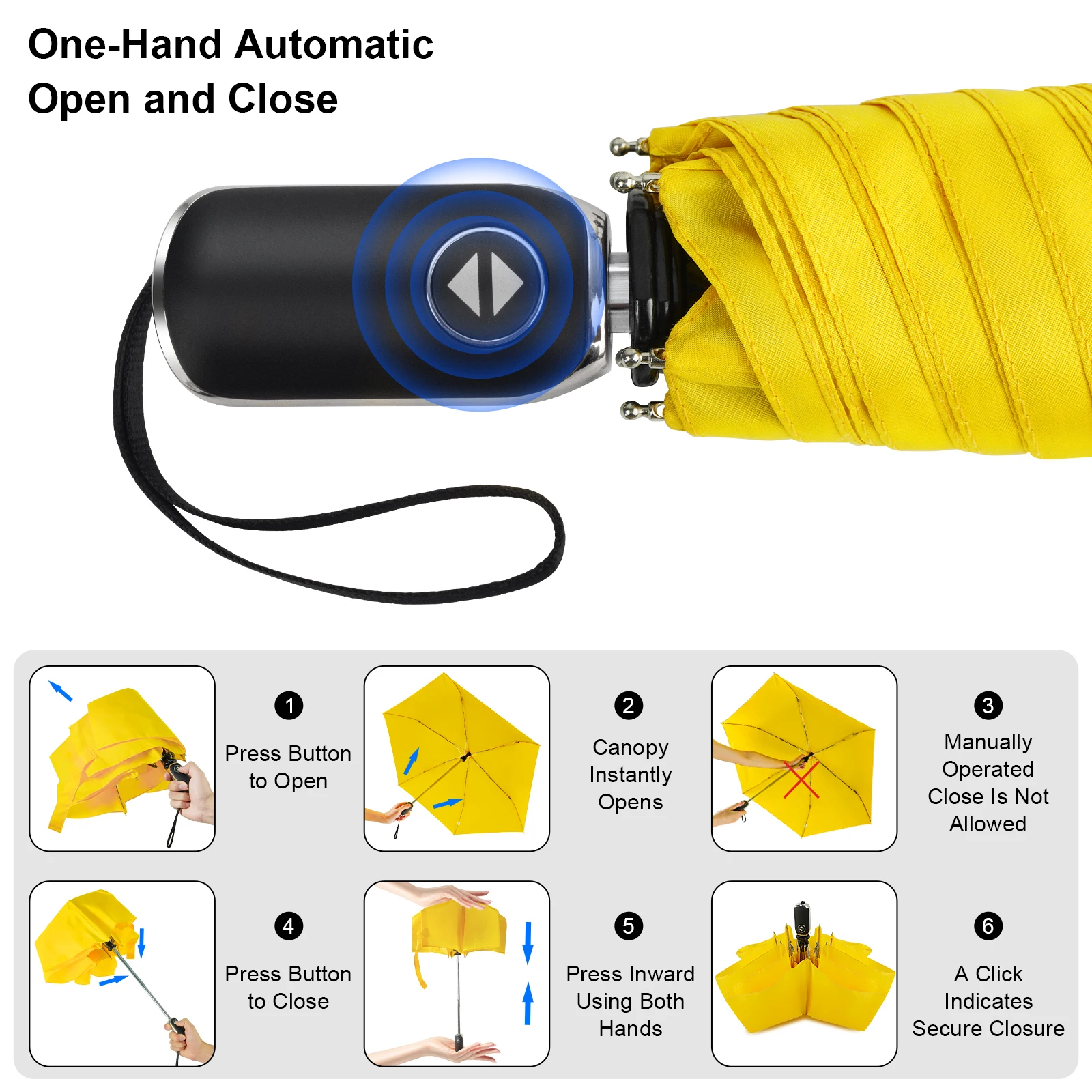 Superior Waterproof Portable Perfect Size Yellow Special Adults 6 Ribs Plastic Handle Auto Open Close 21inch 3Fold Flat Umbrella