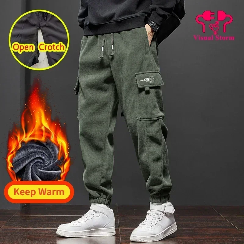 Men Winter Open Crotch Cargo Pants Hidden Zippers Sexy Pockets Themal Full Length Corduroy Warm Keep Casual Trousers Crotchless