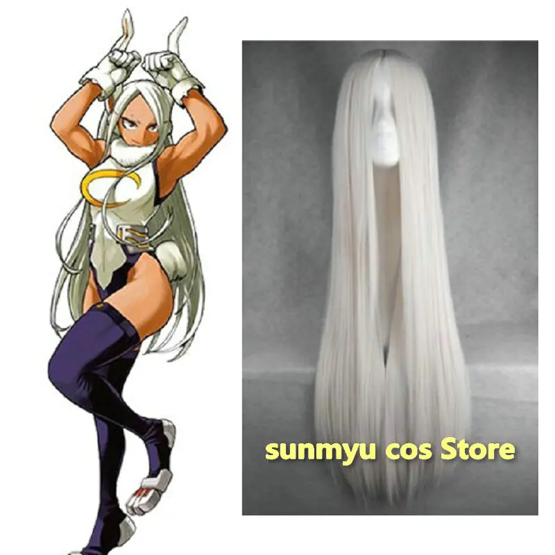 Peluca de conejo héroe Miruko Cosplay MHA Peluca de plata blanca Pelo Largo 100cm BNHA mujeres pelo sintético Boku no Hiro Akademia Cosplay