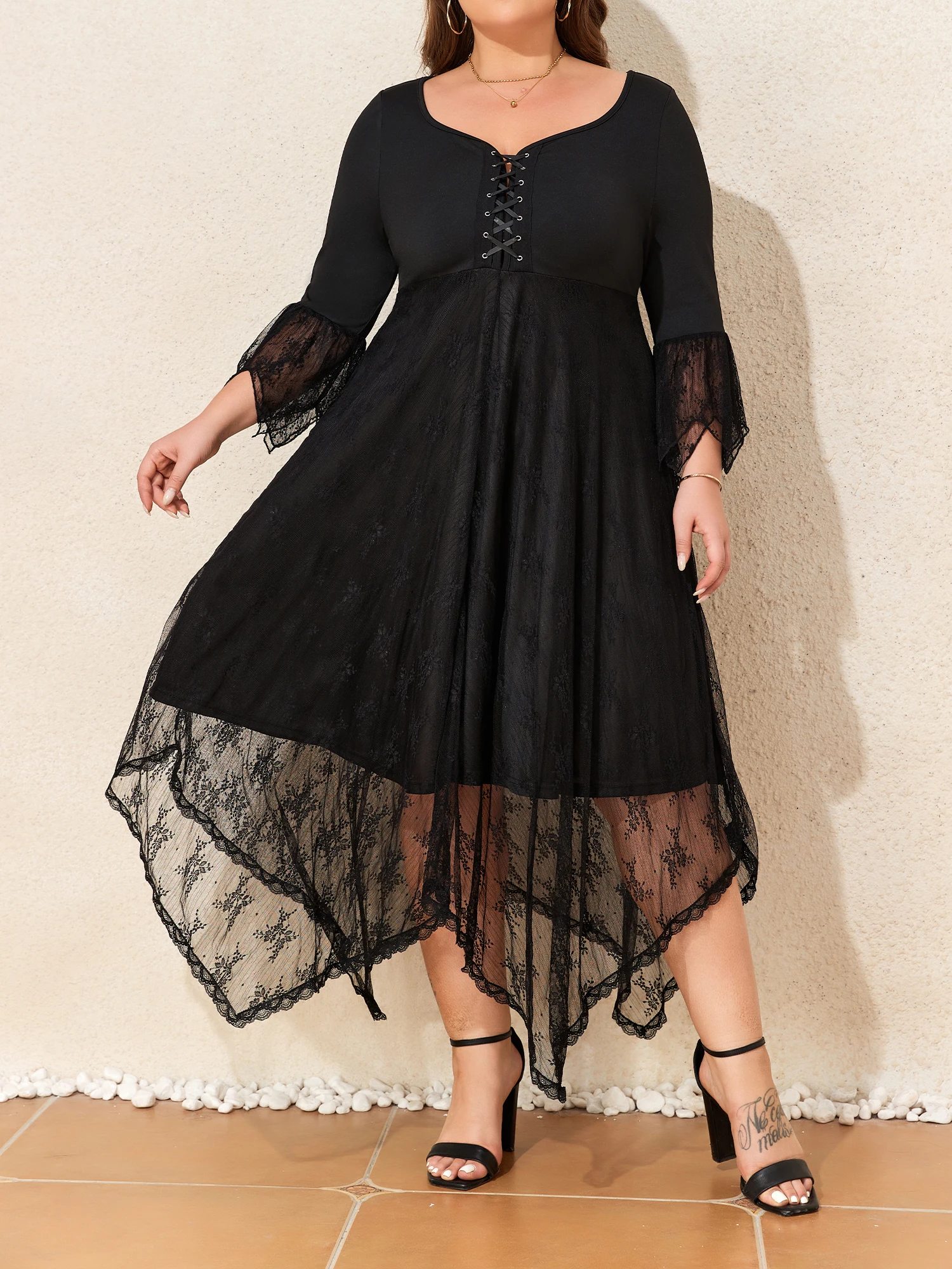 Halloween Plus Size Womens Gothic Lace Long Sleeve V-Neck Midi Dress Spring Autumn Ladie Lace Up Party Cocktail A-Line Ball Gown