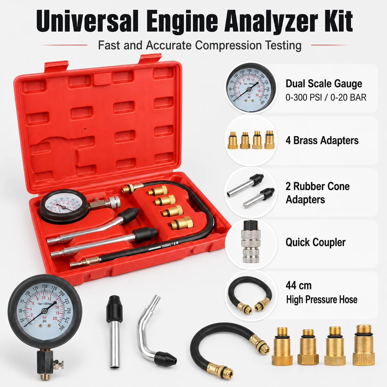 Professional General Purpose Engine Analyzer Kit Compression Tester Kit with M10 M12 M14 M18 Adapter