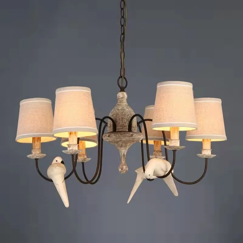 Vintage American wooden chandelier countryside Nordic bird light restaurant living room homestay E14 fabric chandelier