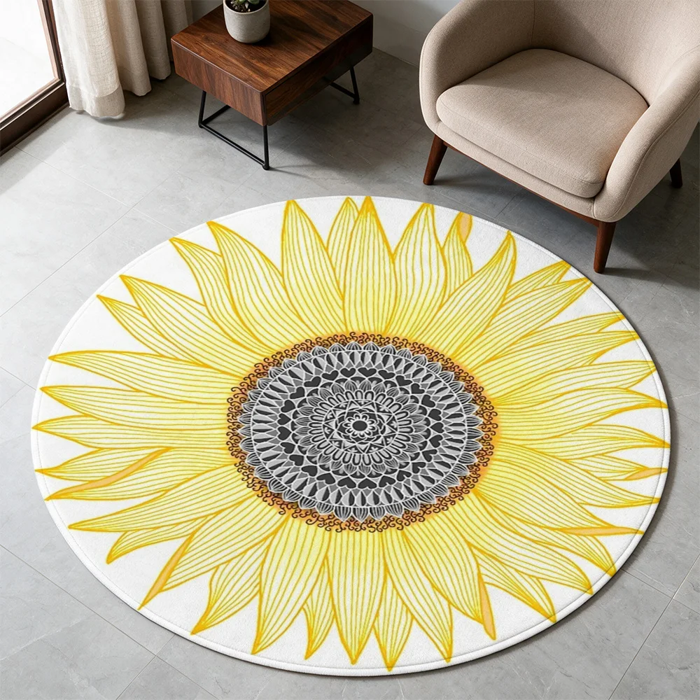 Large Round Sunflower Area Rug Yellow Floral Boho Living Room Mat for Boho Chic Home Decor