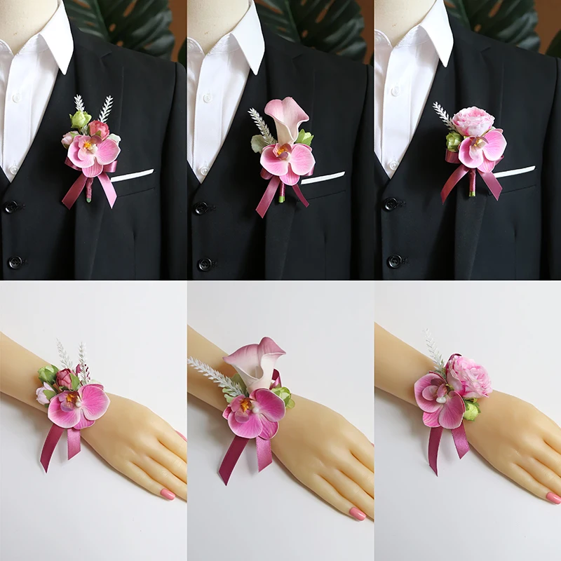 GT Wedding Boutonniere Wrist Corsage Bracelet Bridesmaid Men Corsage Red Silk Roses Butterfly Orchid Marriage Prom Wedding