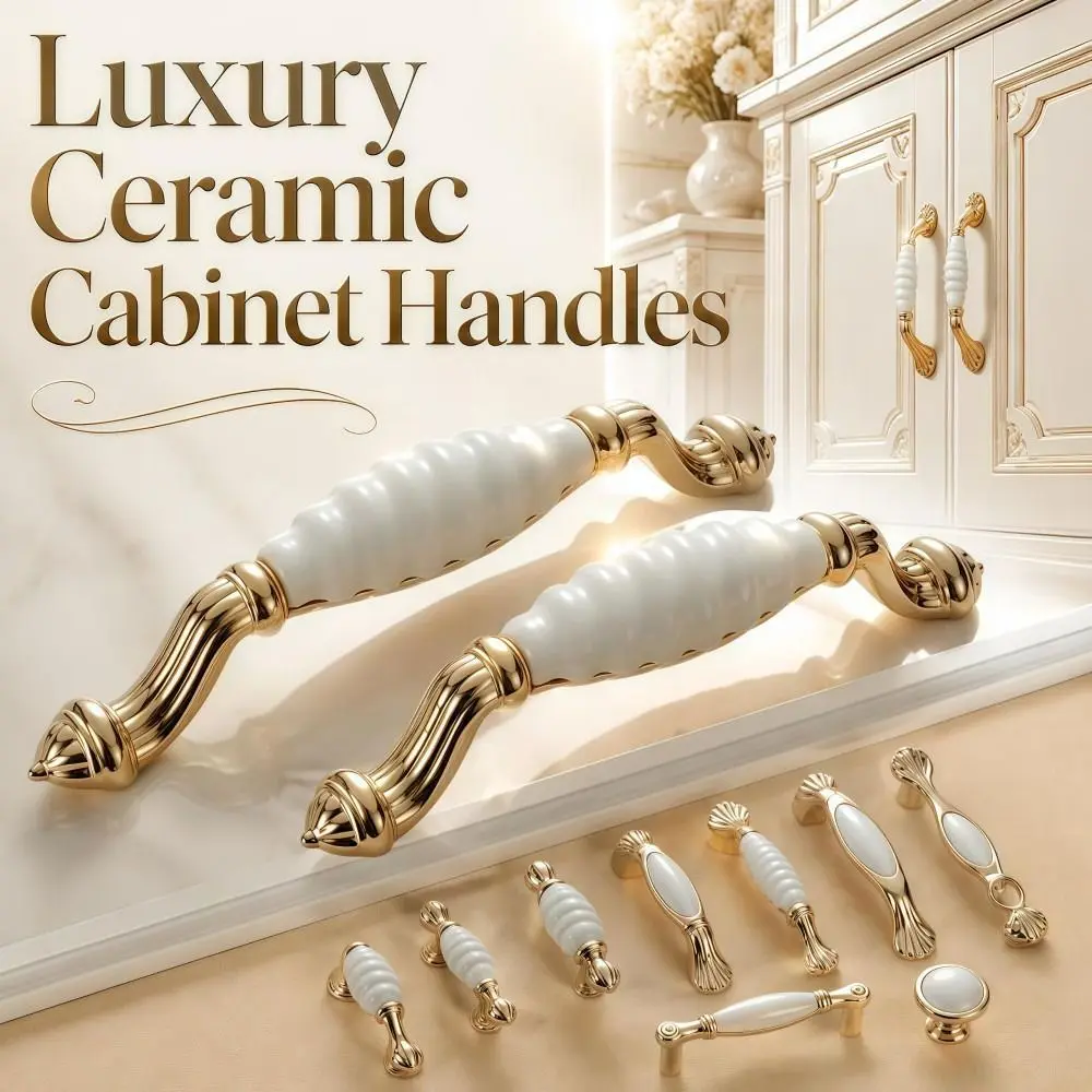 Elegant Ceramic Cabinet Handles 96mm 128mm Zinc Alloy Gold Drawer Pulls Vintage Smooth Cabinet Door Knobs Furniture Hardware