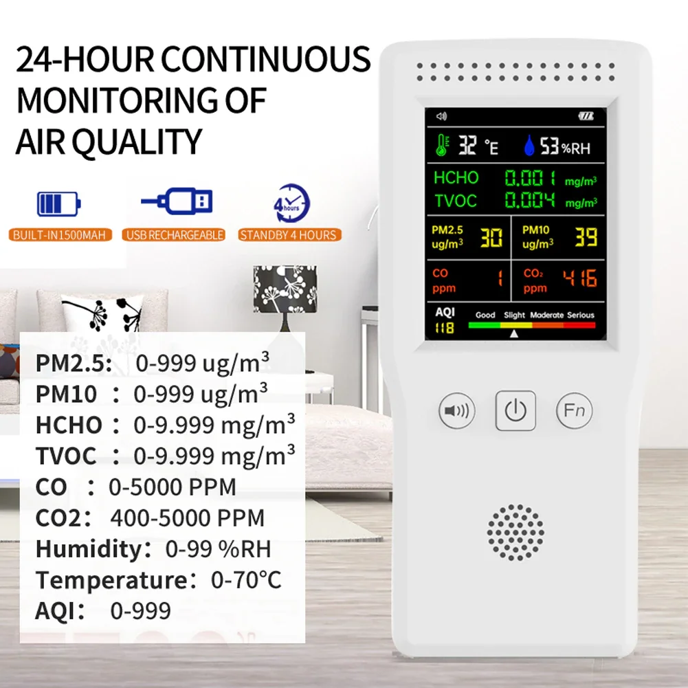 Detektor jakości powietrza 9 w 1 Mierniki temperatury i wilgotności CO2 PM2,5 PM10 HCHO TVOC CO CO2 AQI z podświetlanym kolorowym wyświetlaczem LCD