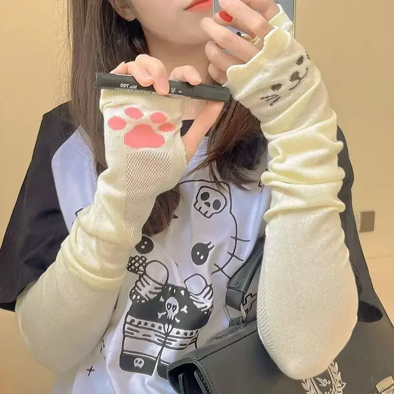 Women's Cute Cat Paw Printed Long Gloves Summer Sun Protection Fingerless Gloves Japanese Style Cartoon Breathable Arm Sleeves