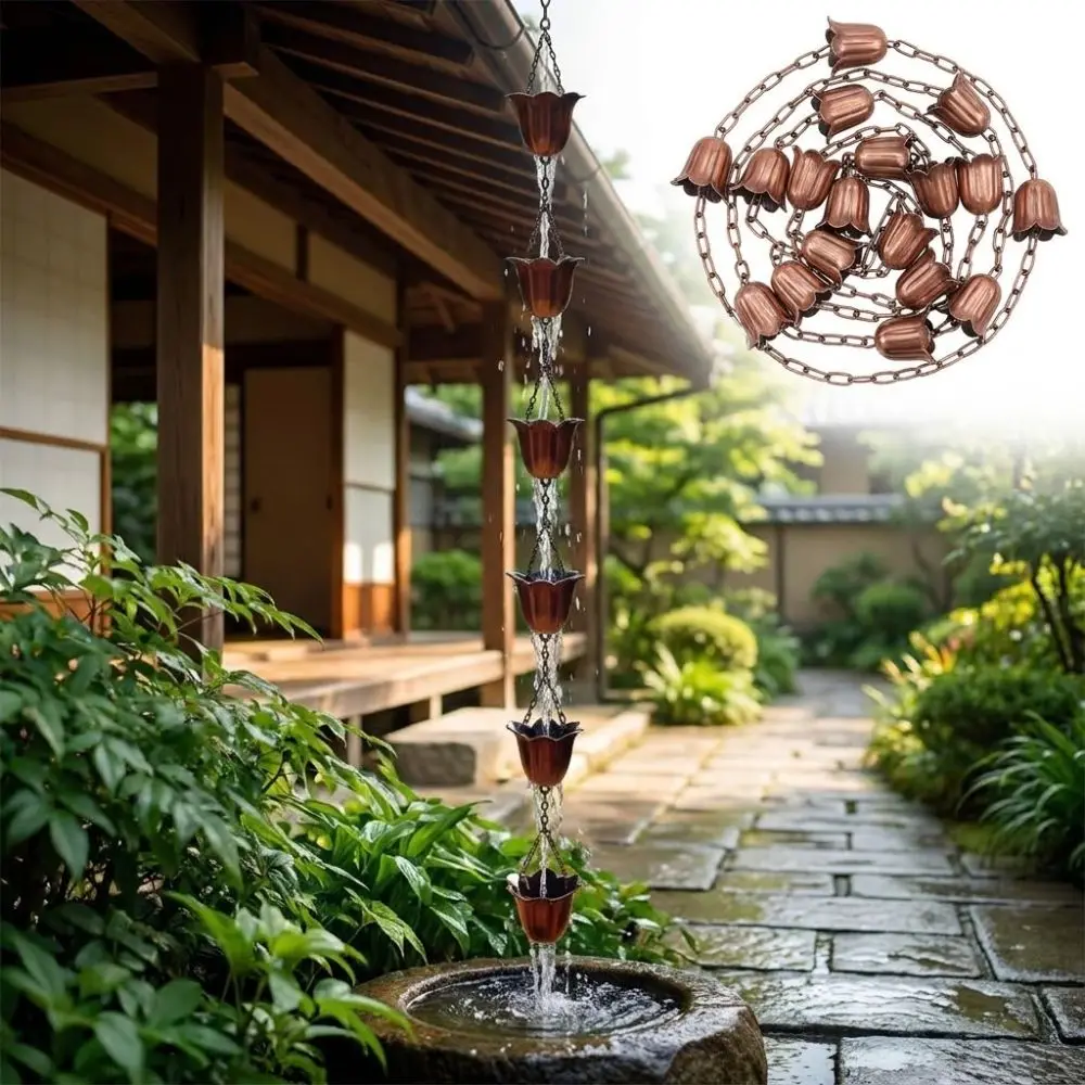 Japanese Style Metal Tulip Rain Chain Hanging 7 Cups Water Drainage Chain Iron Art Flower-shaped Rainwater Diverter Chain