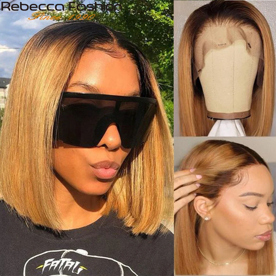 Rebecca Human Hair Wigs For Women Straight Bob Malaysian Hair Wigs Omber Blonde Brown Colored T Part Lace Wigs Real Woman Wigs