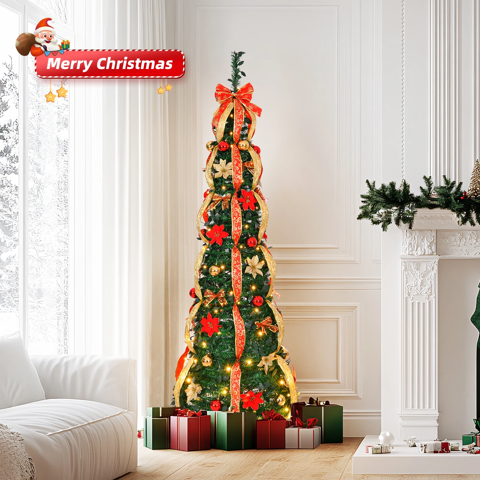 6FT Pop Up Pre-lit Artificial Christmas Tree, Collapsible Xmas Tree with 150 Warm Lights Remote Control, 8 Lighting Modes, Red & Golden Ornaments, PVC Material for Home Office Holiday Decor