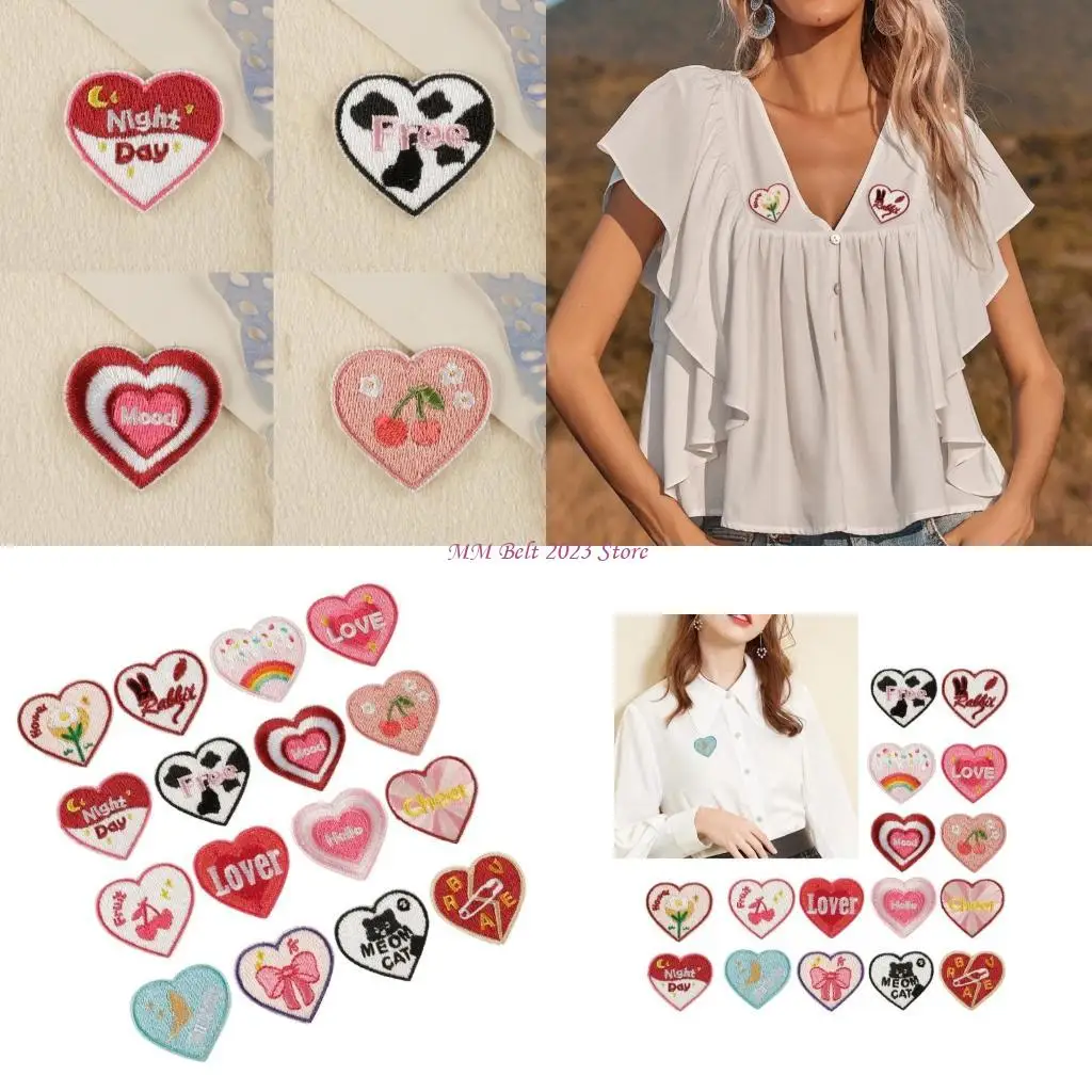 49ME 16pcs Heart Embroidered Fabric Stickers Colorful Letter Pattern Patches
