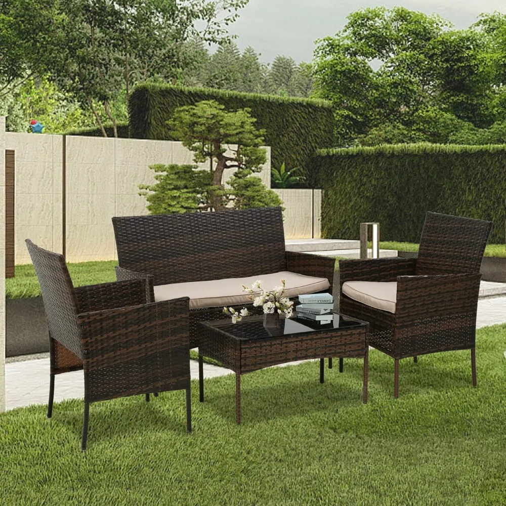 4 Pieces Patio Furniture Set Rattan Outside Furniture Wicker Sofa Garden Conversation Sets with Soft Cushion and Glass Table for image 2