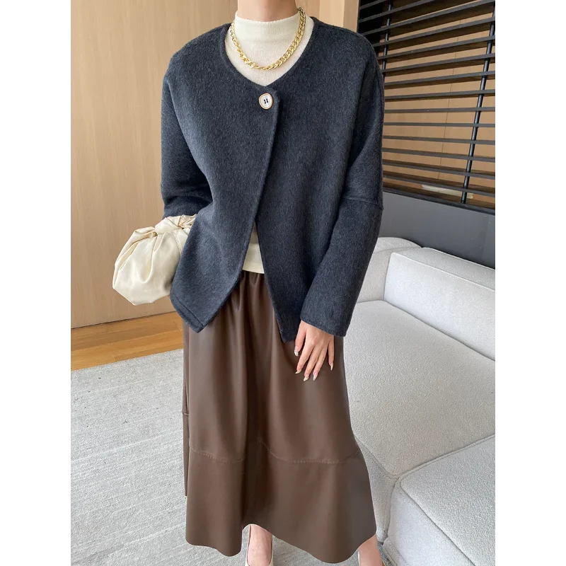 Simple O Neck Small Fragrance Double-faced Wool Coat Women Fashion Basic Elegant Office Long-sleeved Korean Chic Wool Jacket