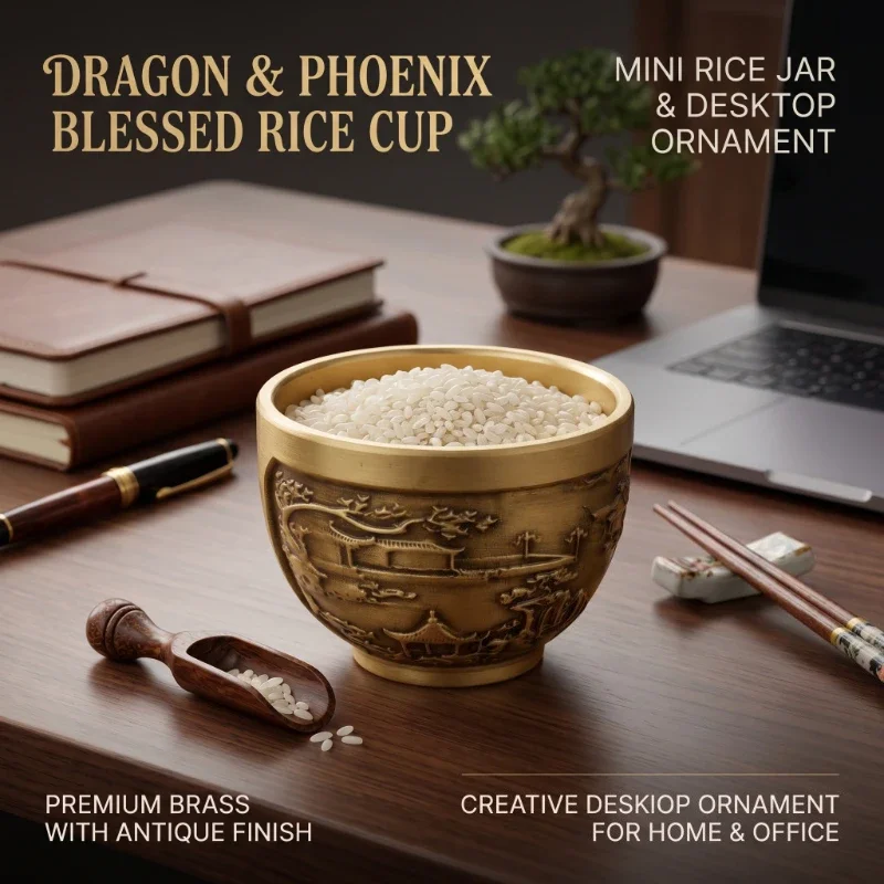 Creative Brass Dragon Phoenix Carved Wine Cup Antique Metal Craft Desktop Ornament Mini Teacup for Office Tea Drinking