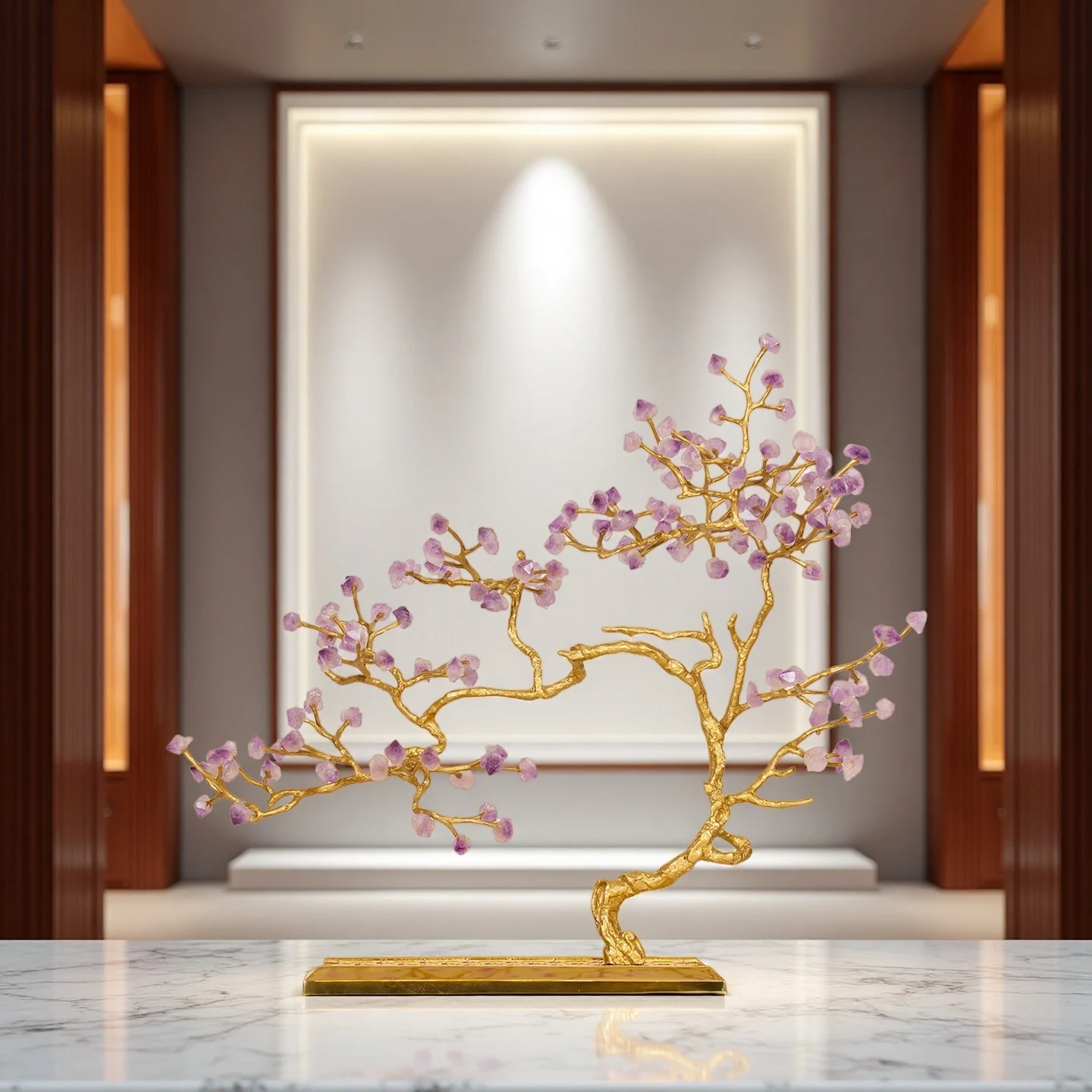 Chinese light luxury brass jewelry crystal branches leave lucky tree for family hotel entrance living room TV