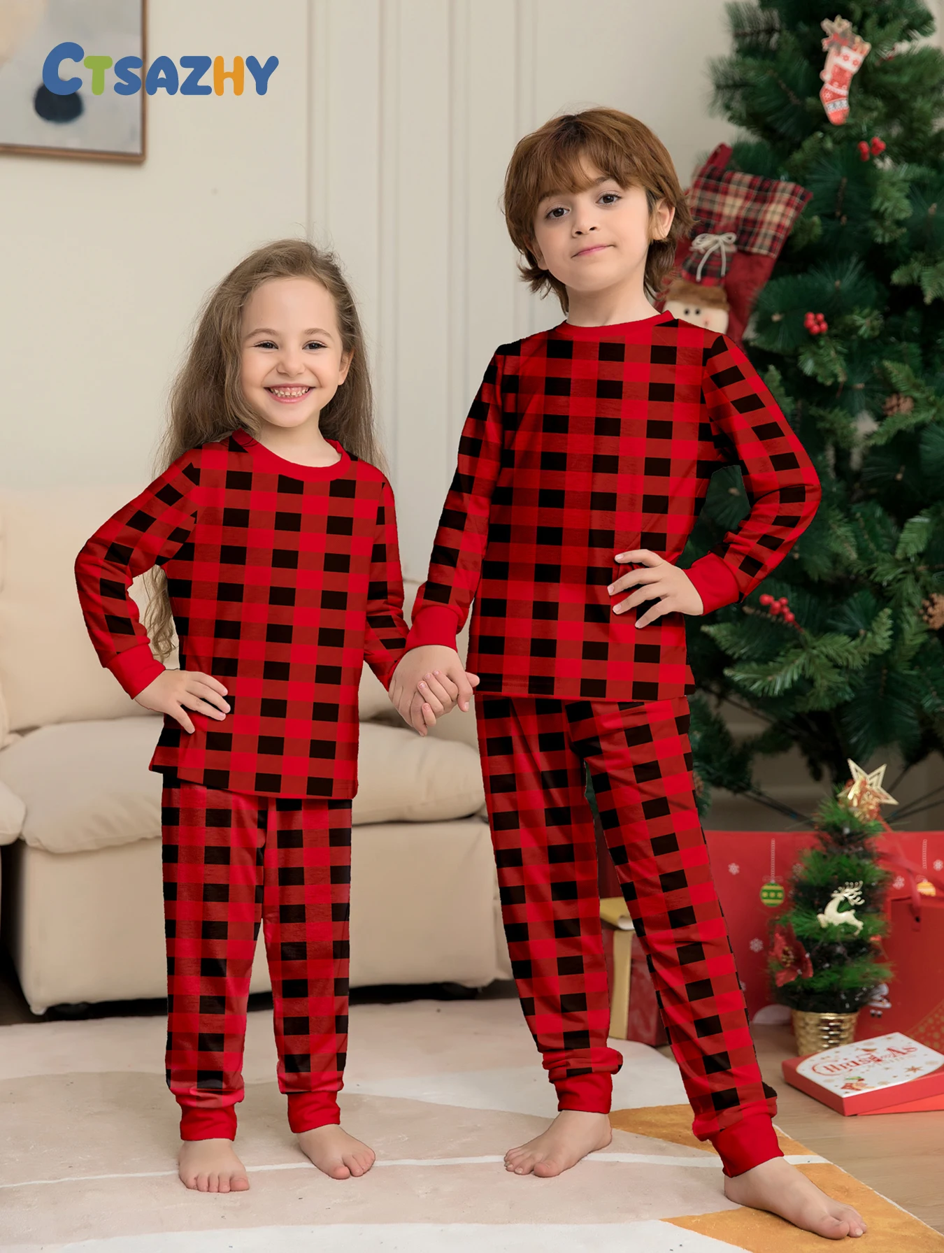 

Kids' Unisex Christmas Pajamas Set - Red & Black, Reindeer & "Merry Christmas" Prints