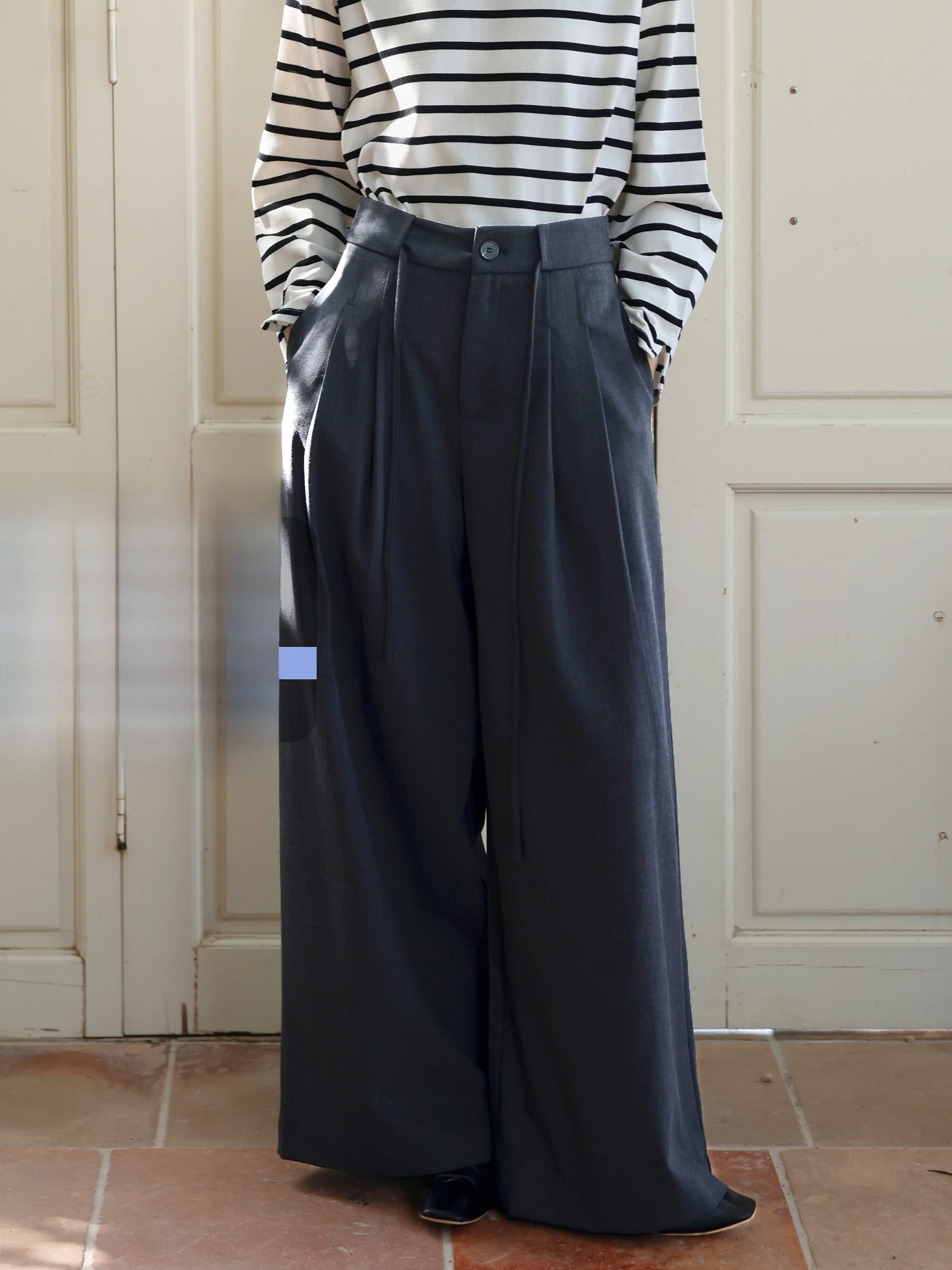 

MUNNS Casual Wide Leg Loose Fit Pants Elastic Waist Corded Trousers Floor-Length Straight Cut High Waist Long Pants