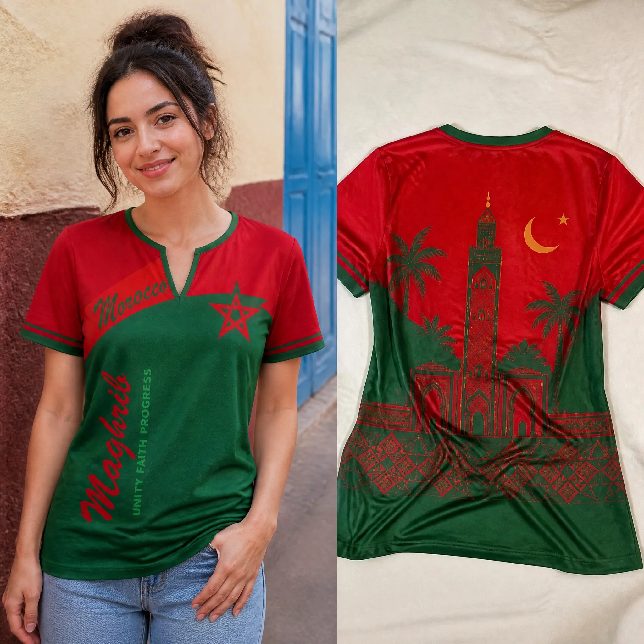 Womens V Neck Short Sleeve Morocco T Shirt Red Green Crest Arch Graphic Casual Summer Tee Soft Breathable Daily Wear Summer Wear