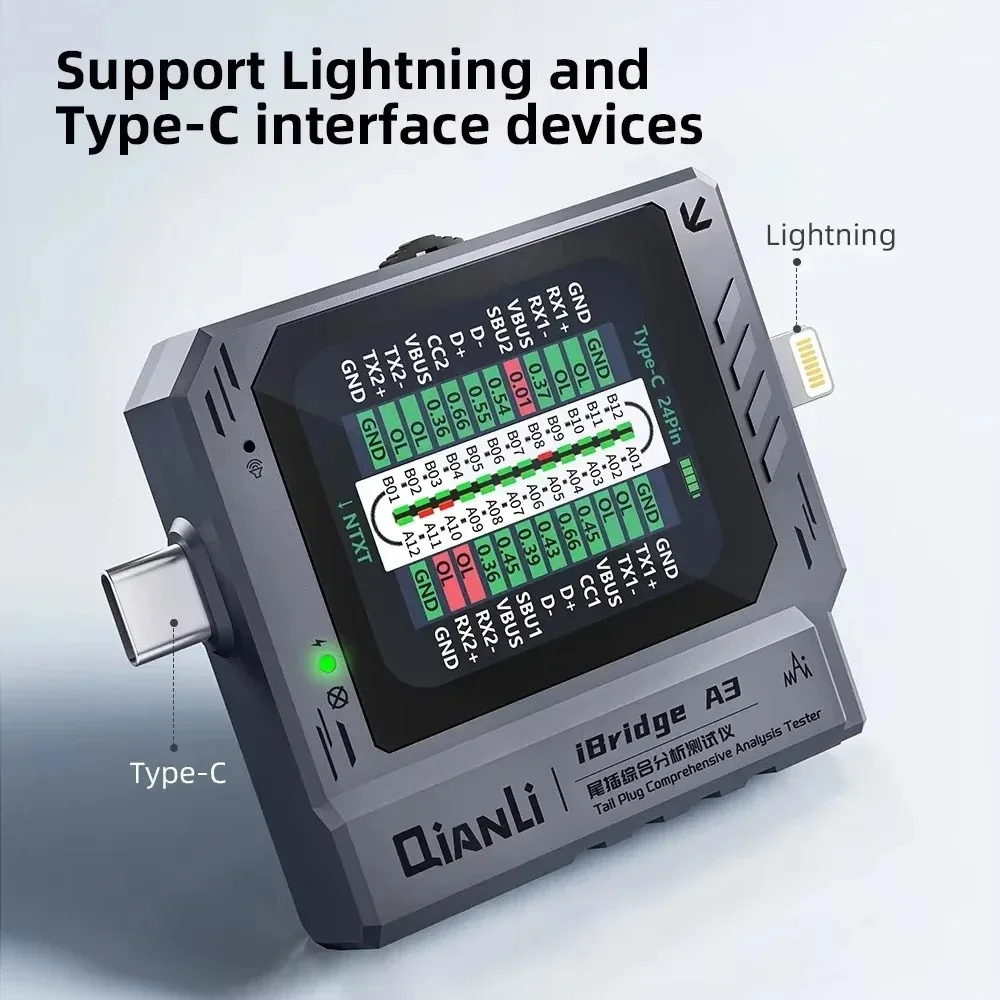 QIANLI iBridge A3 Tail Plug Detector for Mobile Phone Maintenance Support Lightning and Type-C Current Voltage Detection Tool
