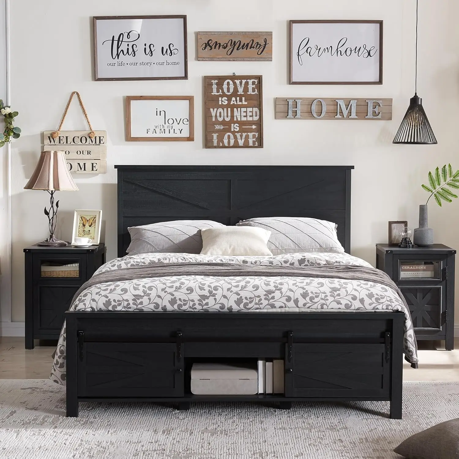 

Wood Bed Frame Full Size with Sliding Barn Door Storage Cabinets and Headboard,There are many styles for you to choose from