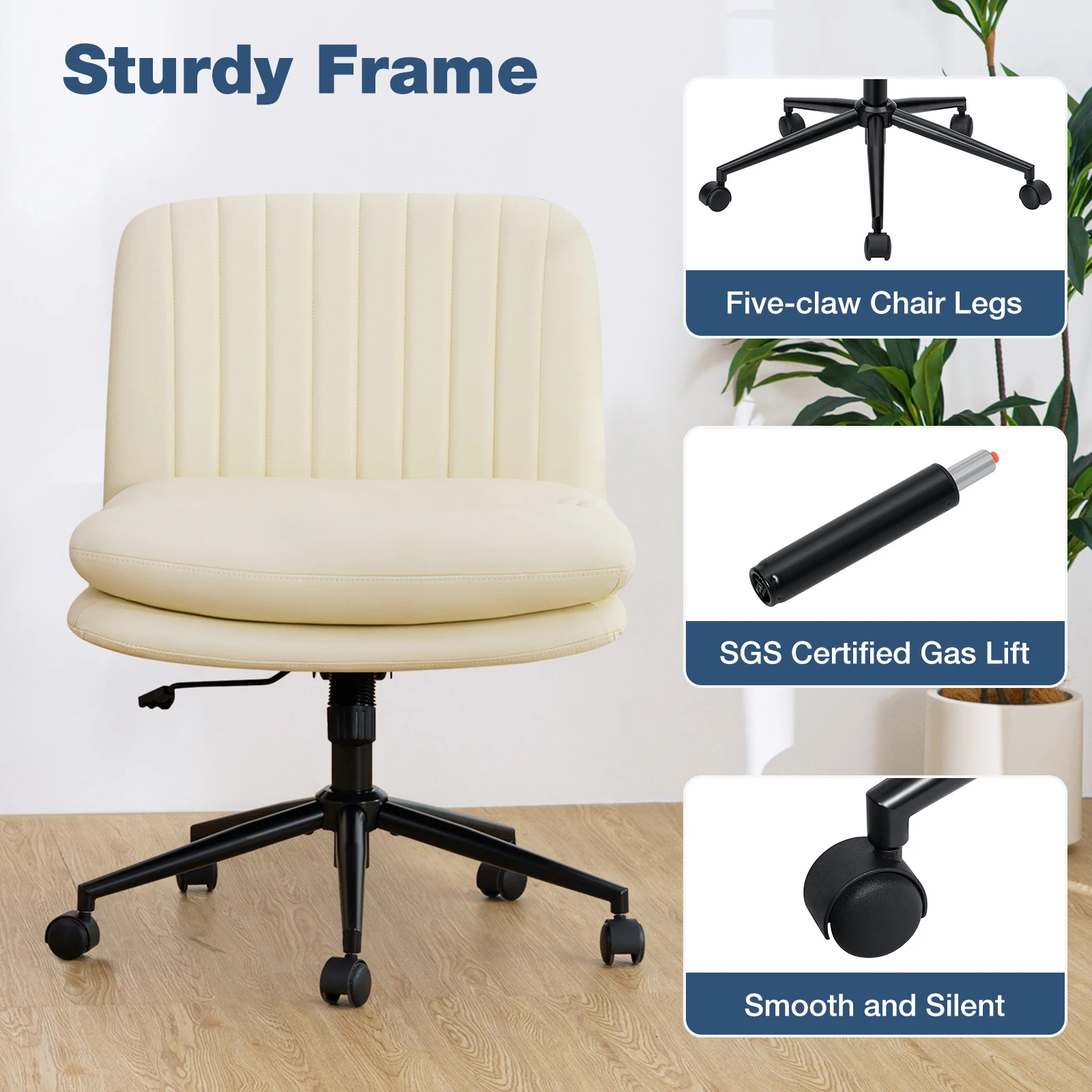 Armless Chair Low Back PU Leather With Height Adjustable With Wheels Swivel Office Computer Vanity Swivel Round Rolling Stool