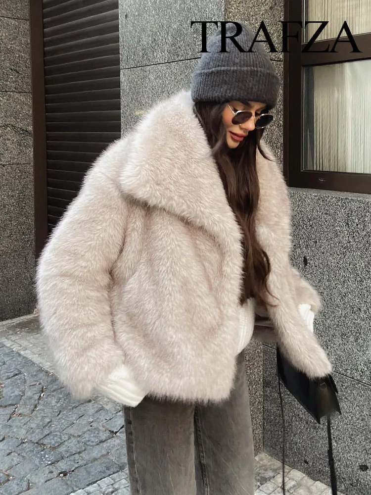 TRAFZA Winter Elegant Woman Warm Plush Coat Ladies Casual Turn-Down Collar Thick Coat Female Vintage Long Sleeve Outerwear