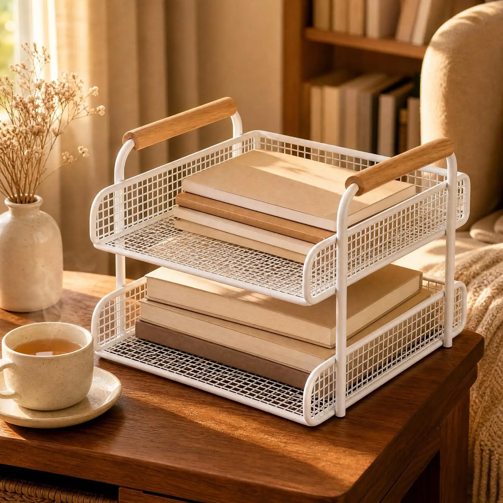 Lightweight Desktop Book Shelf Organizer Rack for Student Study Desk with Carry Handles for Books Storage