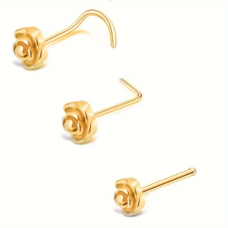 3 Pcs Rose Flower L-Shaped Straight Bend Bar Nose Studs Elegant Simple Style Piercing Jewelry Stainless Steel Sexy Nose Rings