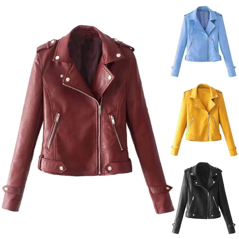PU Washed Motorcycle Short Leather Jacket Solid Color Women Faux Leather Lapel Motorbike Jacket Long Sleeve Zip Up Short Jacket