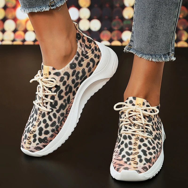 Fashion Leopard Knitted Sneakers for Women 2023 Autumn Slip On Walking Shoes Woman Lightweight Casual Sport Sneakers Plus Size