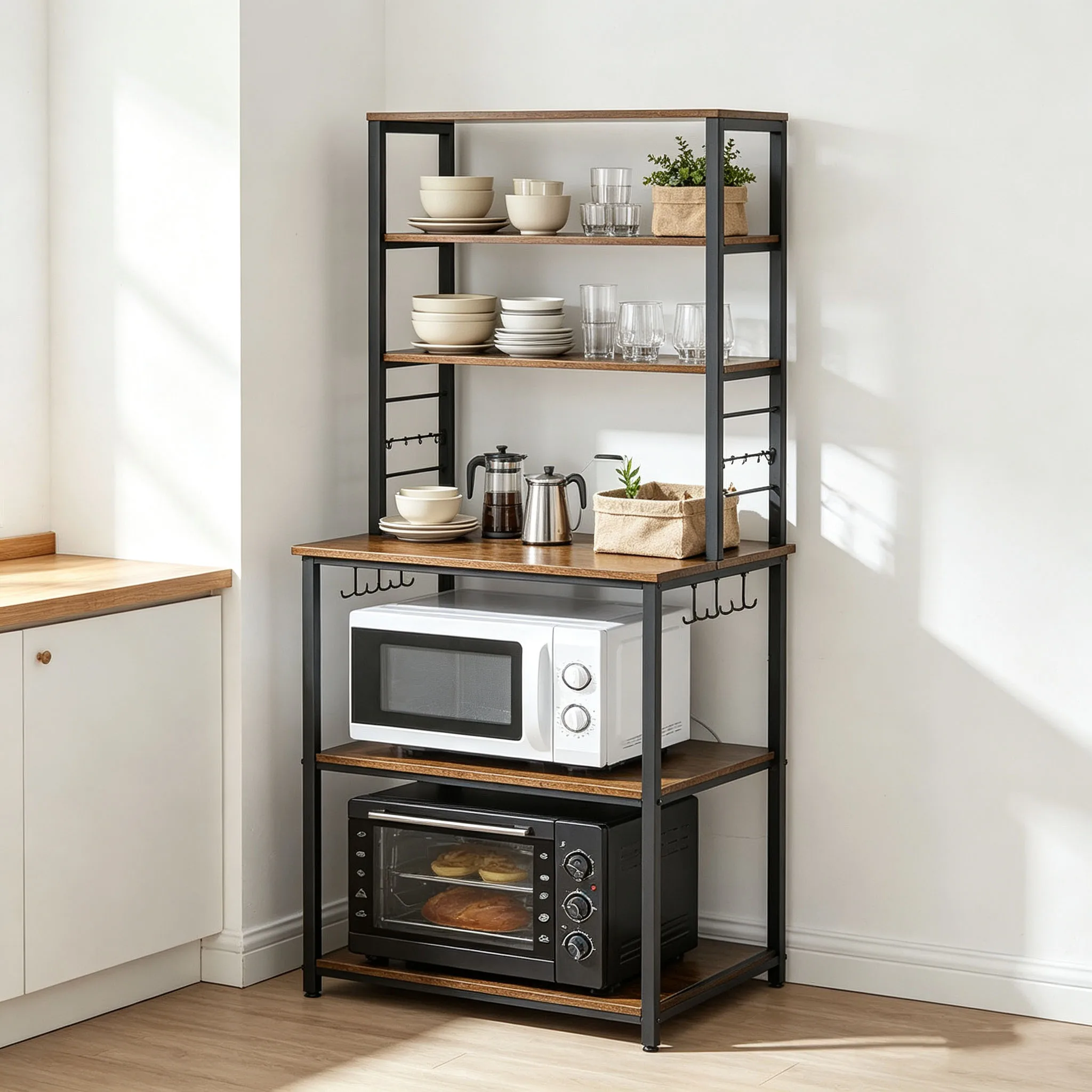 6 Tier Storage Holders & Racks with 6 Hooks Microwave Stand Kitchen Storage Organization Bakers Rack Multiple Uses Storage Shelf