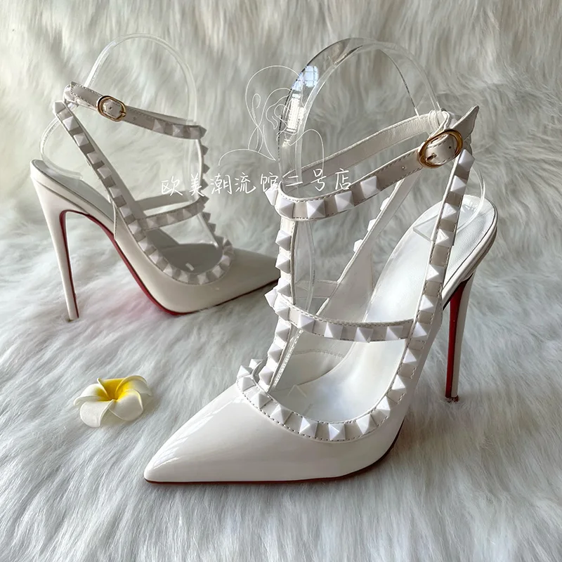 Duży rabat 2025 New Brand Designer Pure White Patent Two Stud Straps Women Lady Hot Small Plus Size 45 High Heel Slingback