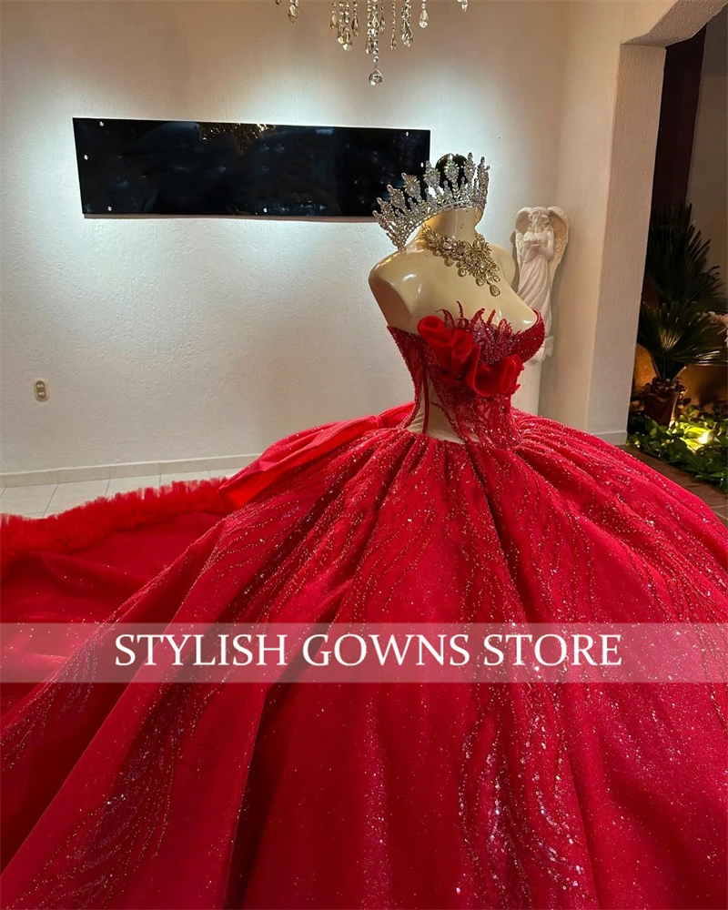 Red Sweetheart Bow Quinceanera Dresses For Black Girl Bead Appliques 2024 Birthday Luxury Dress Ruffles Sweet 16 Customized