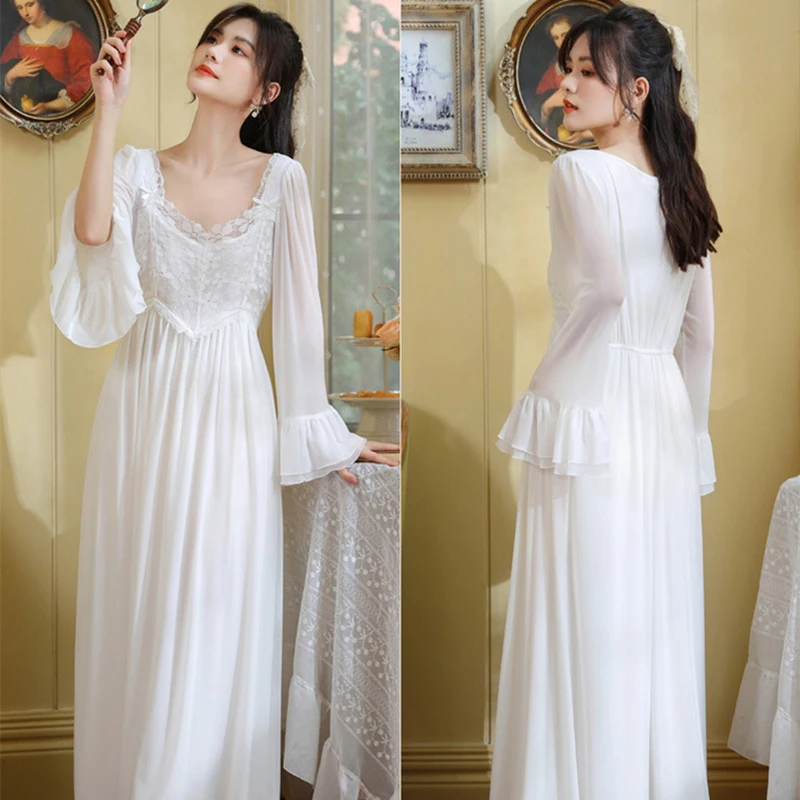 Autumn Winter Mesh Vintage Victorian Lace Long Sleeve Nightdress Princess Sleepwear Sweet Women Solid Color Nightdress