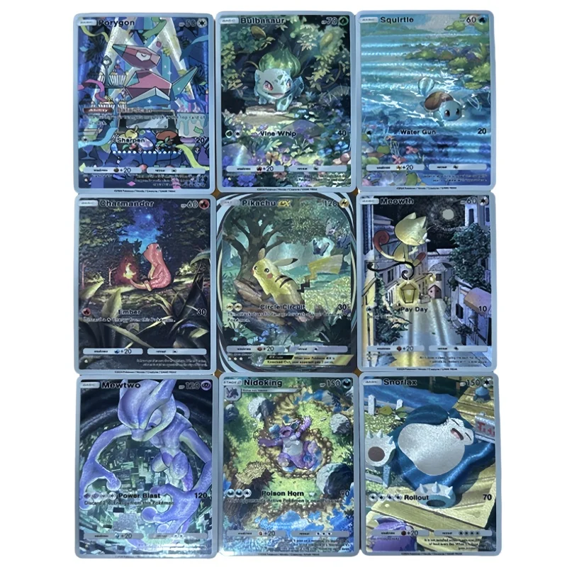 Mewtwo 9Pcs Flash Card PTCG Realistic Scene Snorlax Squirtle Diy Coarse Color Process Action Toy Figures Anime Game Collection