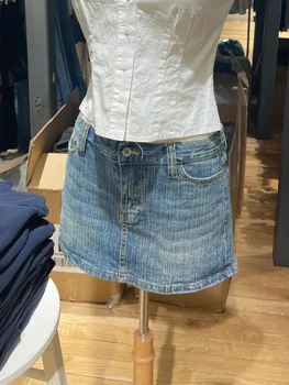 American Vintage Denim Mini Skirts Women Summer Fashion High Waist Straigth Short Faldas Casual Fashion Streetwear Cotton Skirt 2