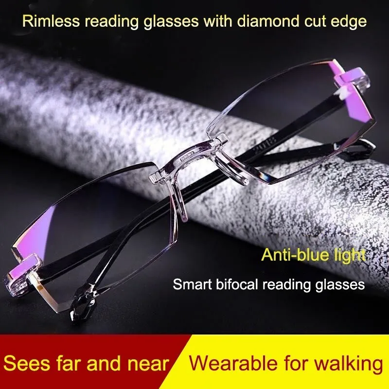 Men Women Rimless Reading Glasses Bifocal Far Near Anti Blue Light Magnification Eyewear Presbyopic Glasses Diopter