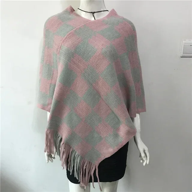 Spring Autumn New National Style Cloak Air Conditioning Shawl Imitation Cashmere Scarf Female Plaid Lady Cloak Pink