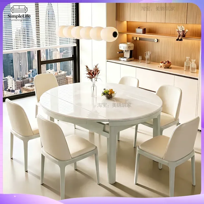 Modern Round Dining Table Set Solid Wood Microcrystalline Stone Top Retractable Folding Kitchen Table Chairs for Small