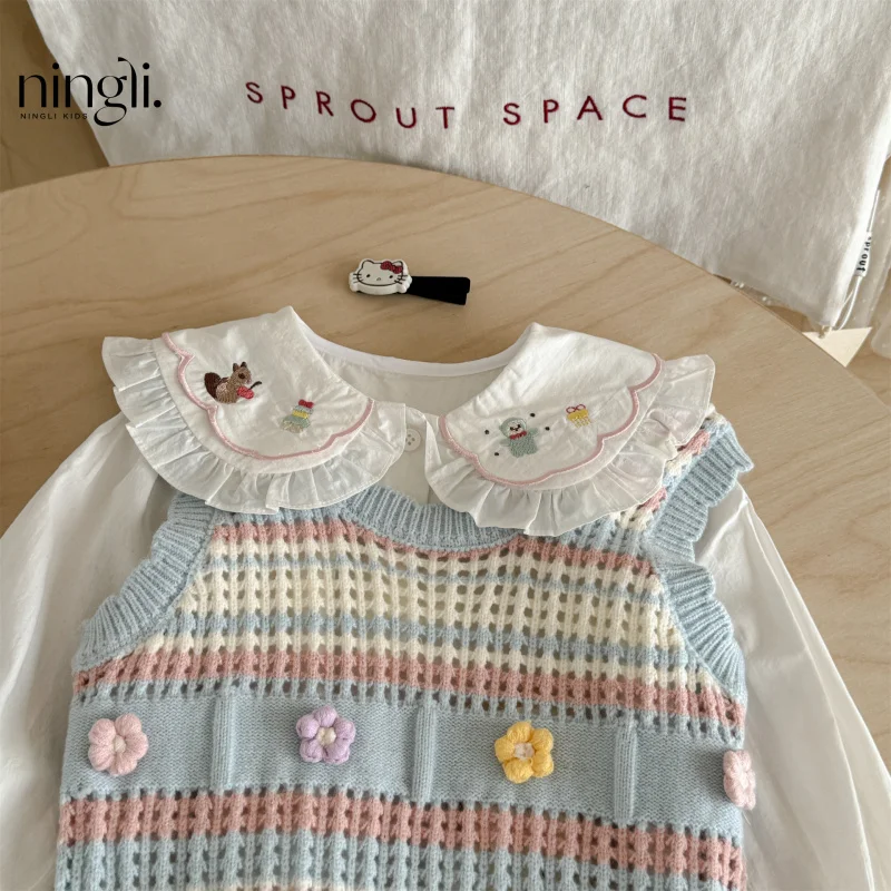 

Girls Shirt Vest Set Spring and Autumn New Little Girl Baby Doll Collar Two-piece Set Children's Autumn Clothing