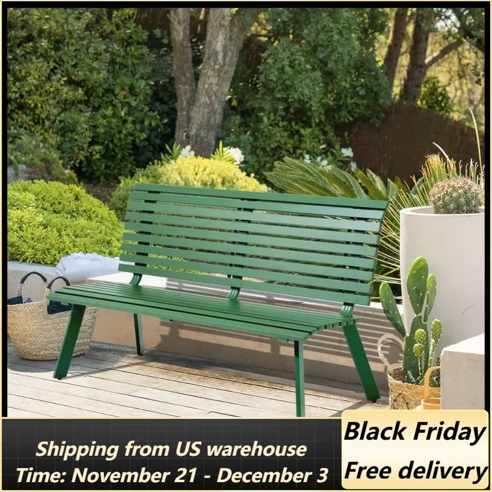 Outdoor Aluminum Garden Bench, Patio Porch Chair Furniture, Slatted Design w/Backrest